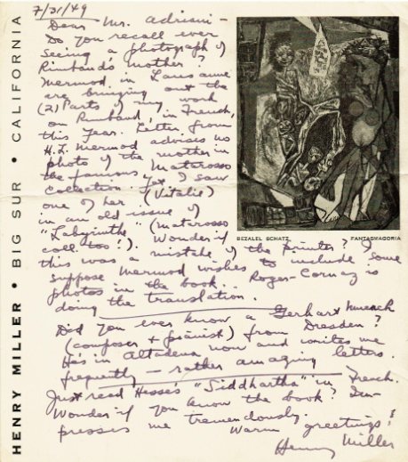 نامۀ دست‌نویس هنری میلر